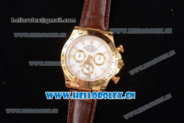 Rolex Cosmograph Daytona Clone Rolex 4130 Automatic Yellow Gold Case with White Dial Stick Markers and Brown Leather Strap (BP) - Click Image to Close